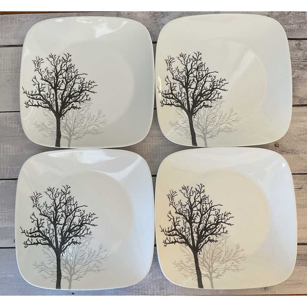 Corelle Timber Shadows Dinner Plates Set Of 4 Square Black Gray‎ Trees 10.5"  #2